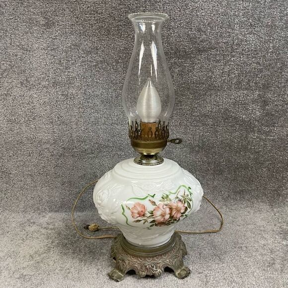 Antique Milk Glass Cherry Blossoms Floral Glass Oil Hurricane Lamp Hedco NY - Picture 1 of 10